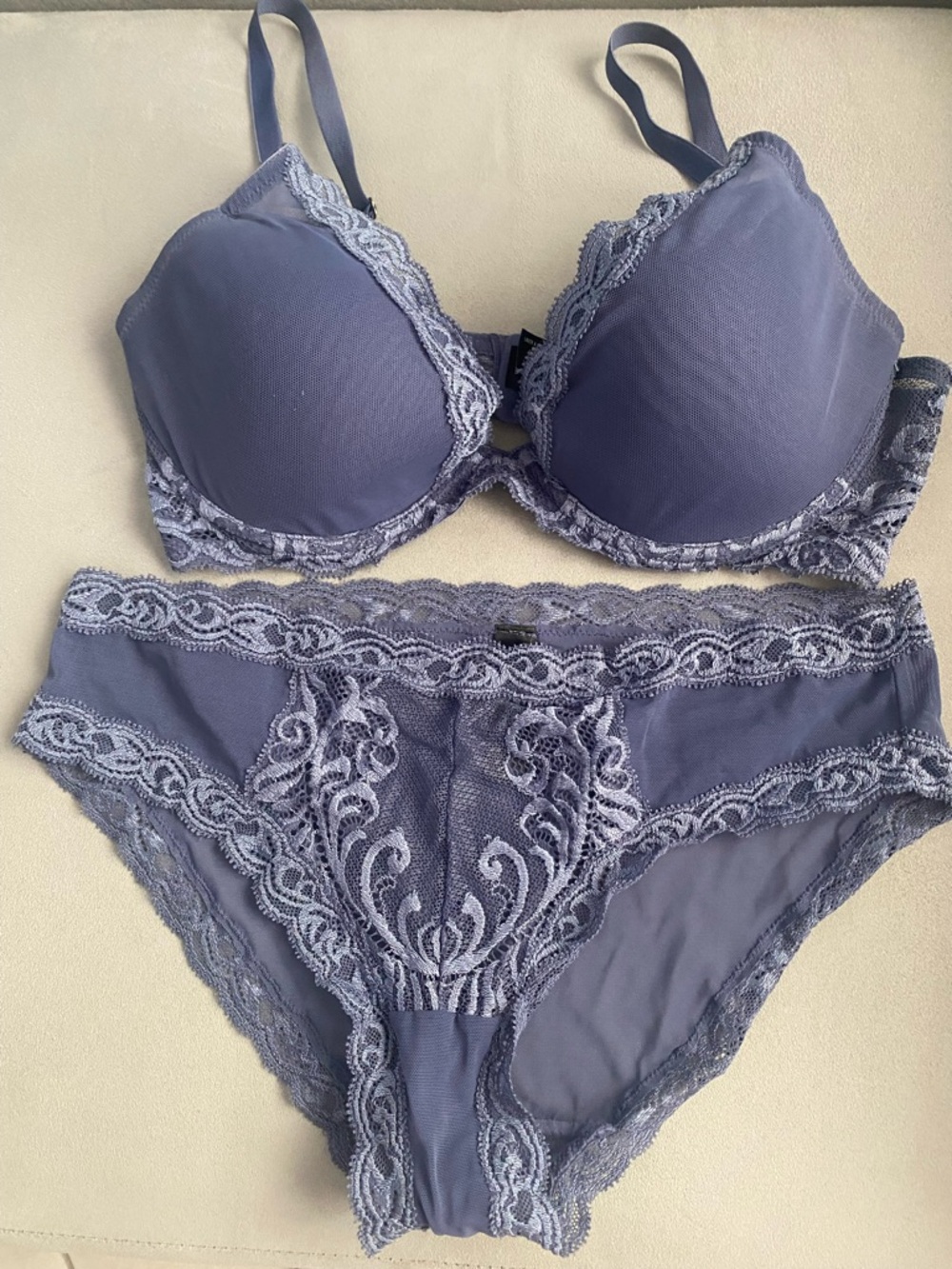 Natori Feathers Plunge Lace 36C Bra & Large Brief in Periwinkle Blue